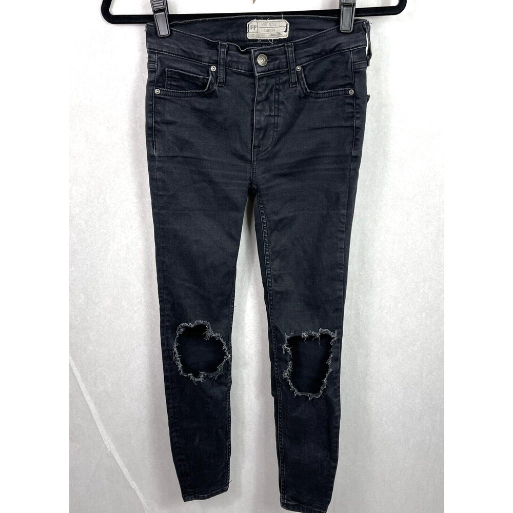 Free People Black Distressed Cropped Skinny Jeans Womens Size 24 Mid Rise